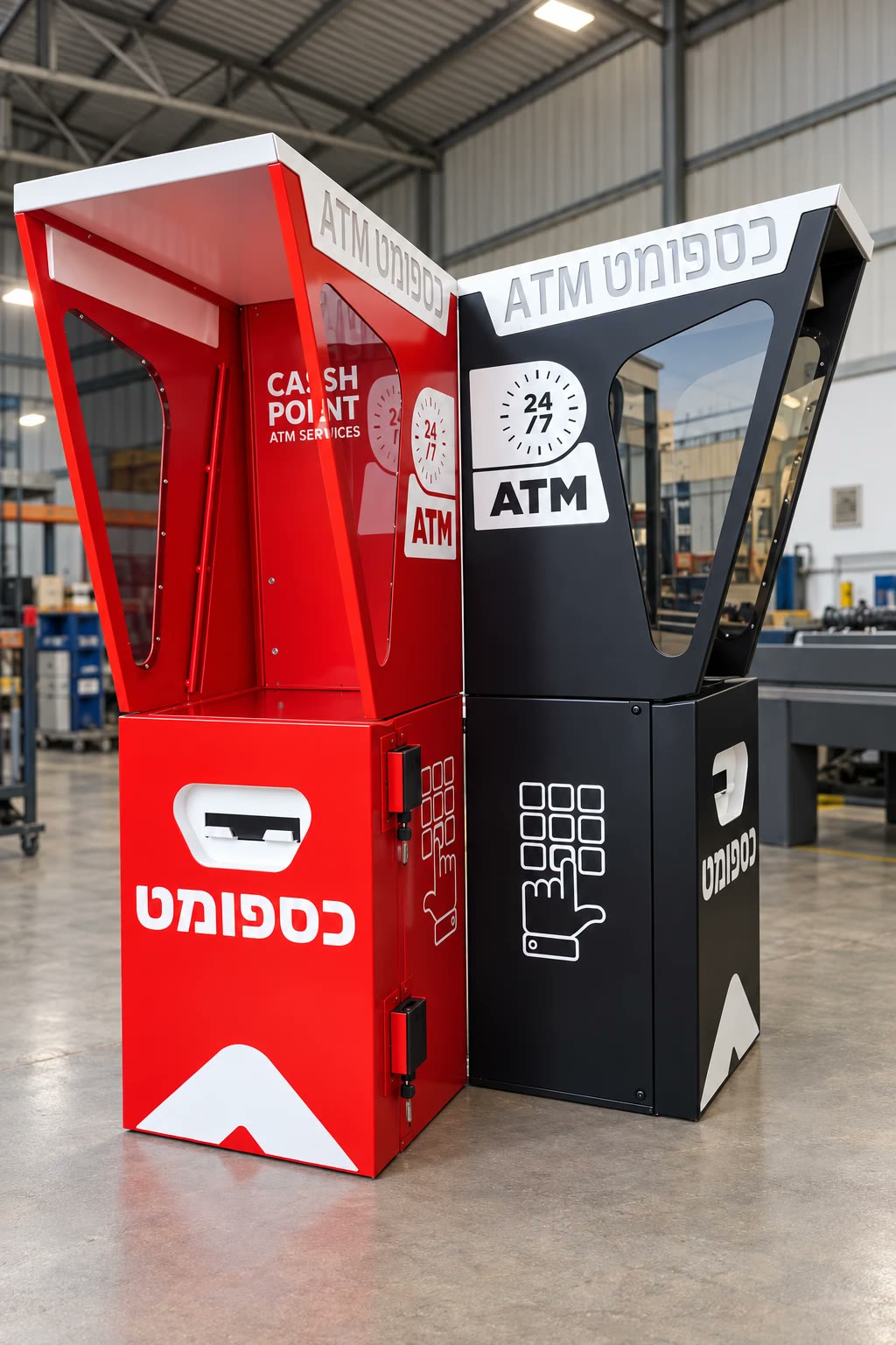 שתי מעטפות מתכת לעמדות כספומט, אחת אדומה ואחת שחורה, מוצגות באולם תעשייתי